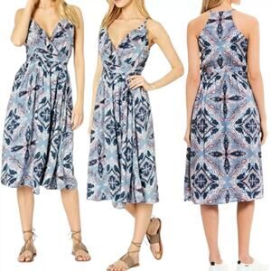 NEW Roxy Size M Rooftop Sunrise Strappy Midi Wrap Dress Blue V-Neck Bohemian